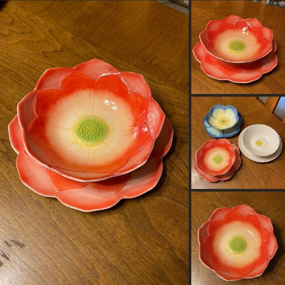 Vintage Hand Painted Serving Flower Bowl and Plate Set Chip and Dip Flower Set